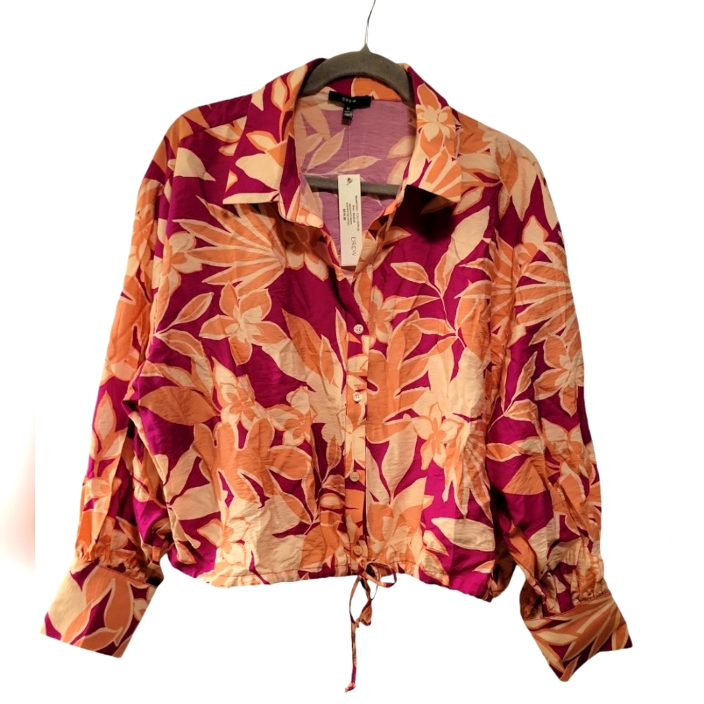 DREW, NWT, "Ruby", Notched Collar, 3/4 Sleeve, Button Down Crop Top, Women's SzM